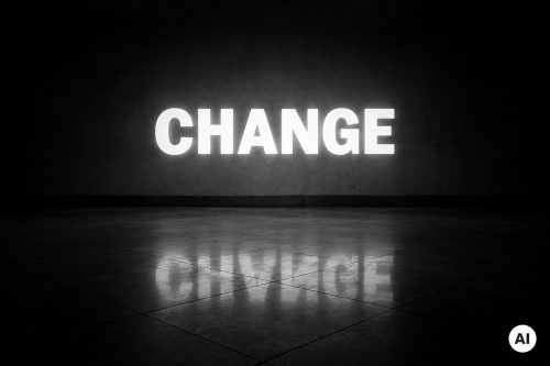 KI-generiertes Bild: Das Wort „CHANGE“ in leuchtenden Großbuchstaben, gespiegelt auf einem dunklen Boden.