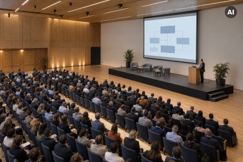 KI-generiertes Bild: Publikum von hinten in einem Konferenzsaal, vorne ein Vortrag mit einem Diagramm auf der Leinwand.