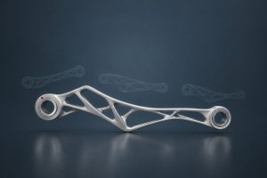 KI-generierte 3D-Grafik: topologieoptimiertes Bauteil mit Gitterstruktur vor dunklem Hintergrund.