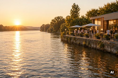 KI-generiertes Bild: Fluss im Abendlicht, am Ufer eine belebte Terrasse mit Sonnenschirmen.